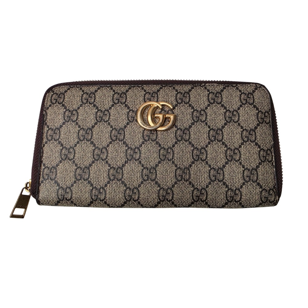 Gucci Wallet Women OS Brown GG Marmont Zip Around Supreme Canvas Double G Logo